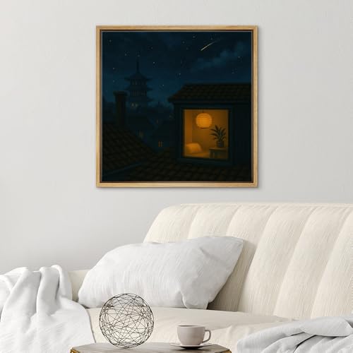 SIGNWIN Framed Canvas Print Wall Art Zen Rooftop Lantern Night Serene Asian-Inspired Illustrations Fine Art Farmhouse/Country for Living Room, Bedroom, Office - 16"x16" NATURAL - color: BS18-2507-SAR14, size: 16L" x 16W"