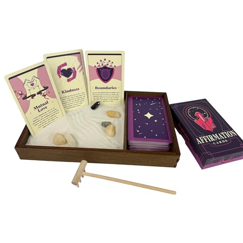 Wooden Zen Garden with Daily Affirmation Cards for Women and Men | White Sand with Rake & Amethyst Wand | Affirmations for Mindfulness, Meditation, and Inspiration | Beautiful 52 Card Deck - color: White, size: Affirmation Cards