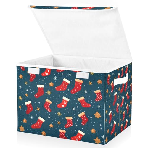senya Large Storage Bins with Linen Christmas Stars Stockings Collapsible Foldable Storage Cubes Fabric Closet Organizer Containers Box with Flip-Top Lid for Home Bedroom Office 16.7 x 12.6 x 11.8in - color: Linen-christmas Stars Stockings