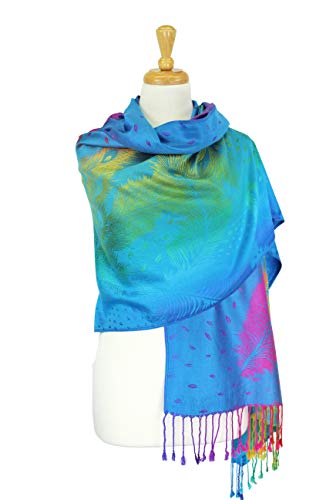 PASKMLNA Double Side Multi Colors Silky Tropical Colorful Exotic Pashmina Wrap Shawl Scarf Rave - color: 050-turquoise Blue Multi Feathers