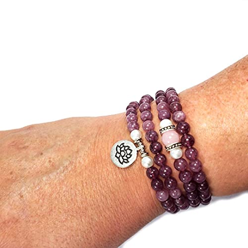 108‑Bead Mala Necklace – Natural Stones Lepidolite, Rose Quartz & South Sea Pearl with Silver Lotus Charm – Handmade 6mm/8mm Beaded Meditation Necklace or Wrap Bracelet – USA Artisan Jewelry