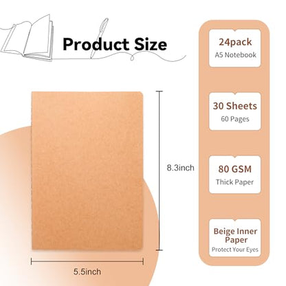 miikoul 24 Pack Blank Kraft Notebooks, 8.3"x5.5" A5 Small Journal Bulk Blank Notebooks 80 Gsm Unlined with 60 Pages A5 Subject Notebooks Traveler Journal Set for Adult Students Office School Supplies - color: Blank inner pages-24 PCS