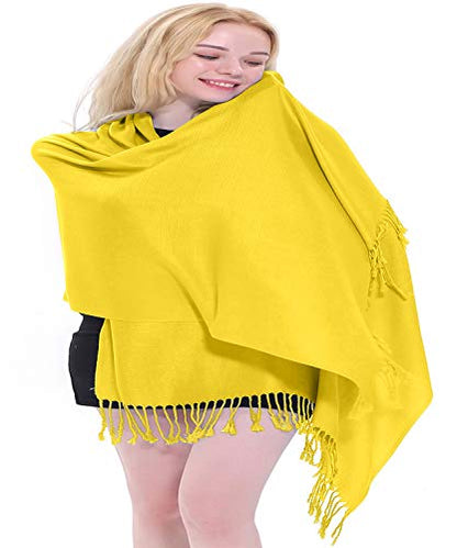 CJ Apparel Solid Color Tassels Design Nepalese Shawl Scarf Wrap Stole Throw Head Wrap Pashmina Gift Hand Made in Nepal New - color: Yellow