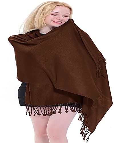 CJ Apparel Solid Color Tassels Design Nepalese Shawl Scarf Wrap Stole Throw Head Wrap Pashmina Gift Hand Made in Nepal New - color: Dark Brown