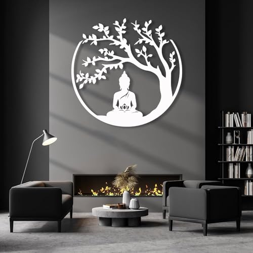 Idadey Tree of Life and Buddha Metal Wall Decor, Meditation Hindu Wall Decor, Zen Metal Wall Art, Yoga Studio & Spiritual Spaces (White, 23"x23") - color: White, size: 23"L x 23"W