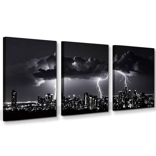 QPOKLAF Black and White Wall Art Canvas Prints Living Room Night View Wall Decor,Nature Landscape Framed Posters Office Decorations Set of 3 (12"x16") - color: Black and White Wall Art
