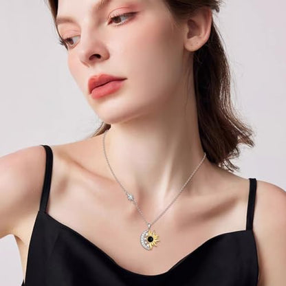 Sun and Moon Necklace for Women 925 Sterling Silver Celtic Crescent Moon Pendant Blue Opal/White Opal/Abelone Shell/Labradorite/Moonstone Jewelry Gift for Teen Girls - color: black agate