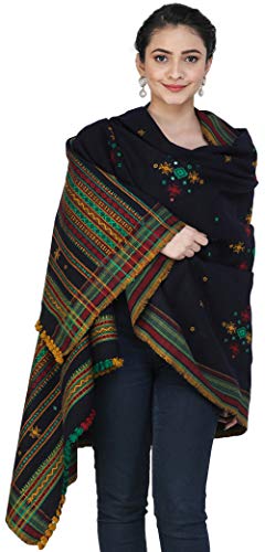 Exotic India Shawl from Kutch with Embroidered Bootis and Mirrors - Wool - color: Patriot Blue