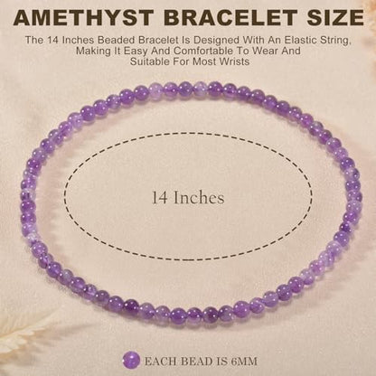 14in Agate Wrap Bracelet for Women Men Natural Round Beaded Agates Stone Healing Stretch Bracelets Elastic Handmade Polished Gemstone Beads Bracelet - color: Amethyst, size: 6mm Beads