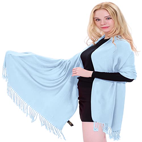 CJ Apparel Solid Color Tassels Design Nepalese Shawl Scarf Wrap Stole Throw Head Wrap Pashmina Gift Hand Made in Nepal New - color: Baby Blue A1002