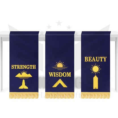 Handmade Masonic Altar Pedestal Covers - Set of 3 Royal Blue Velvet Banners - Strength Wisdom Beauty Embroidery - 13x37 Inches Ceremonial Regalia Accessory