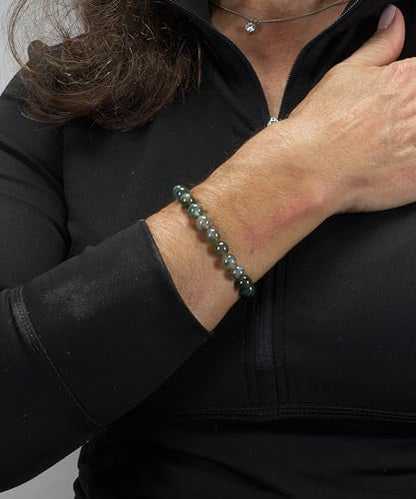 Cherry Tree Collection Gemstone Beaded Stretch Bracelet 8mm Round Beads 7" - color: Moss Agate