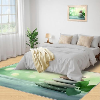 Stone Zen Rug, Fresh Green Design Area Rug - 2x5 Washable & Non Slip Japanese Oriental Rugs for Meditation Room, Soft Noise Reduction Indoor Carpet Peaceful & Natural Decor Floor Mats
