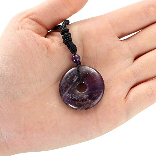 Jovivi 30mm Circle Donut Healing Crystals Necklace Natural Semi-Precious Chakra Gemstone Stone Amulet Lucky Coin Donuts Charm Protection Quartz Reiki Pendant Necklace for Men Women Adjustable Rope - color: Amethyst Crystal
