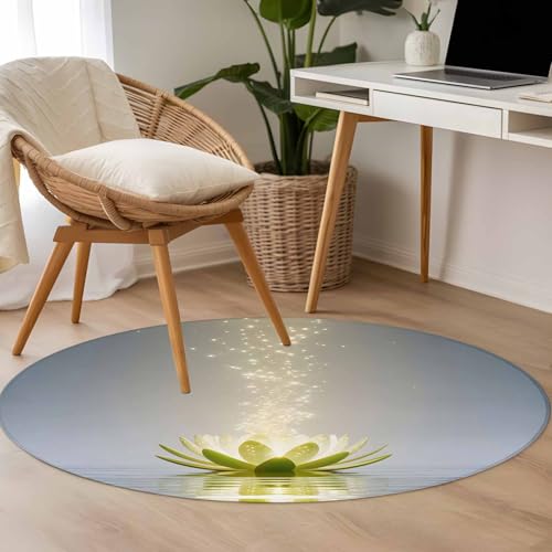 Round Area Rug 4ft, Zen Meditation Lotus Floral Washable Non-Slip Circle Rugs for Bedroom Living Room Kitchen, Green Floral Modern Art Soft Non Shedding Circle Carpet for Dining Room Dorm - size: 4' (Round)
