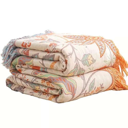 Boho Cotton Throw Blanket, Jacquard Pattern, Soft Muslin (60" x 80", 08-Sunburst Floral) - color: 08-sunburst Floral, size: 60" x 80"