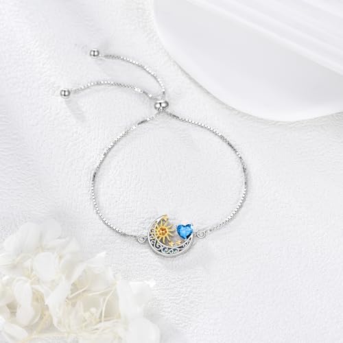 925 Sterling Silver Moon and Sun Star Adjustable Link Bracelet for Women with 12 Month Birthstone Birthday Jewelry - style: 12 - Dec.