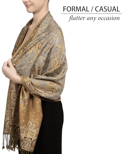 Achillea Reversible Paisley Pashmina Rave Scarf – Exotic Indian Shawls and Wraps for Evening Dresses, Festivals, All Seasons - color: Grey Bronze