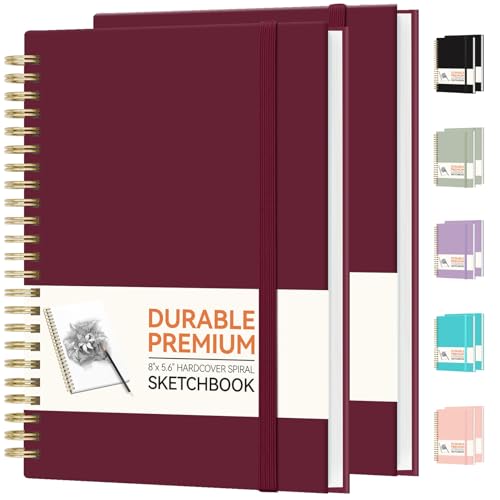 Forvencer 2 Pack Blank Spiral Notebook, 8"x 5.6"Hardcover Sketch Book, 100GSM Thick Paper, Art Sketchbook for Women & Adult, 100 pages / 50 Sheets pages Drawing Book Journal for School Office Drawing, Burgundy - color: Burgundy