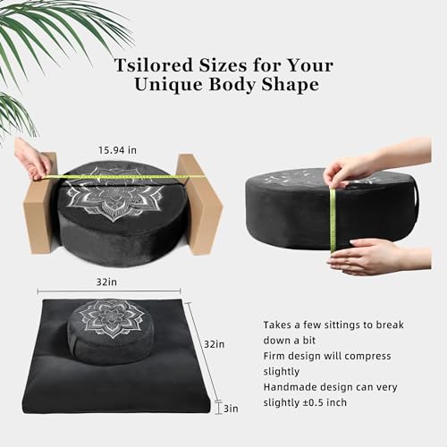 Meditation Cushion Set Zafu & Zabuton – Buckwheat Hull & Memory Foam, Adjustable Floor Pillow for Yoga, Meditation & Sitting, Removable Velvet Cover (Classic Black)