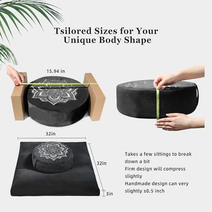 Meditation Cushion Set Zafu & Zabuton – Buckwheat Hull & Memory Foam, Adjustable Floor Pillow for Yoga, Meditation & Sitting, Removable Velvet Cover (Classic Black)