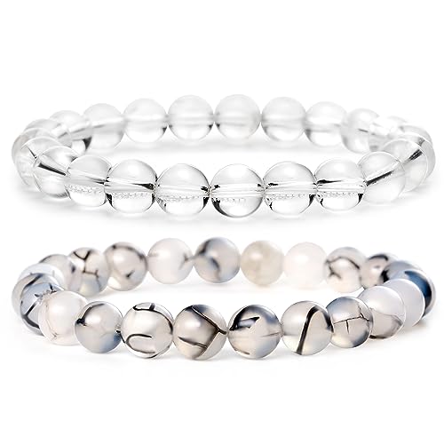 Bivei Natural Gemstone Semi Precious Healing Crystals Handmade Stretchy Round Beads Bracelet,Stocking Stuffers for Women Enhance Positive Energy - color: 8mm Clear Quartz & Dragon Vein Agate (Master Healer), size: Small: 6.5-6.7 inch