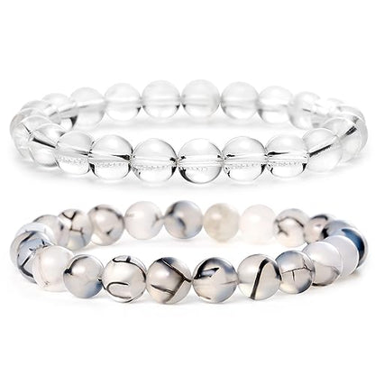 Bivei Natural Gemstone Semi Precious Healing Crystals Handmade Stretchy Round Beads Bracelet,Stocking Stuffers for Women Enhance Positive Energy - color: 8mm Clear Quartz & Dragon Vein Agate (Master Healer), size: Medium: 6.8-7.24 inch