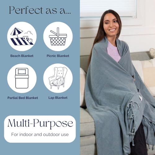 Stonewashed Turkish Throw Blanket - 100% Organic Turkish Cotton - 80" x 48" - Soft, Lightweight, Cozy - for Love Seat, Sofa, Picnic, Yoga - Sand Free Absorbent Beach Blanket - Denim - color: Large Denim (80" X 48")
