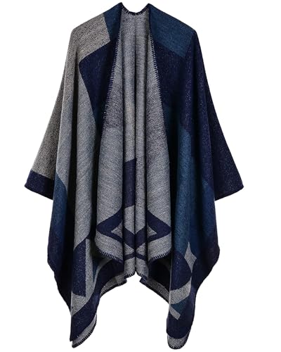 Women's Shawls and Wraps Open Front Poncho Cape Winter Sweater - color: M2-navy Diamond