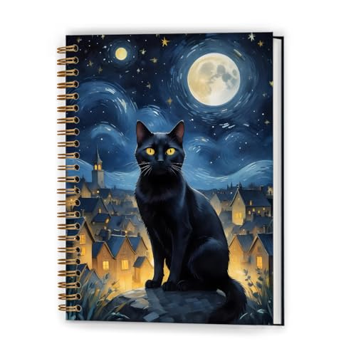 Starry Night Black Cat Notebook, Black Cat Lover Gifts Journal, Mystical Celestial Witchy Journal, Whimsical Moon Star Sky Kitten Hardcover Spiral Notebooks, 5.5x8.3 Inch - color: Color_3