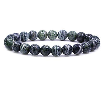 Keleny Gem Semi Precious Gemstones 8mm Natural Quartzite Stone Round Beads Crystal Stretch Bracelet 7 Inch Unisex - color: Green Zebra Jasper