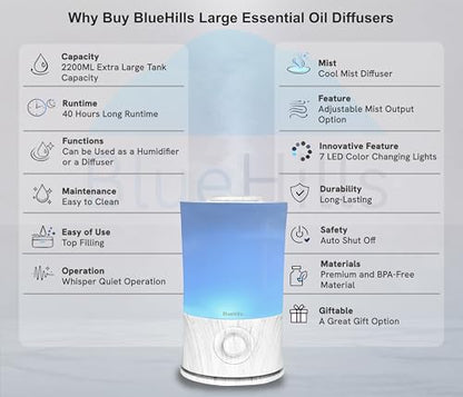 BlueHills Premium 2000 ML XL Large Essential Oil Diffuser Aromatherapy Humidifier for Large Room Home 40 Hour Run Huge Coverage Area Lights 2 Liter Extra Large Capacity Diffuser White Wood Grain E004 - color: White Wood Grain