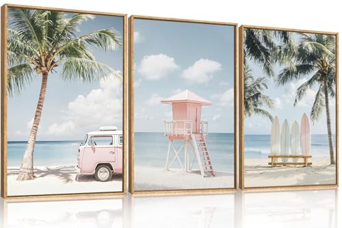 Celestdeco Large Beach Seascape Ocean Framed Canvas Wall Art Set,Modern Coastal Surfboard Palm Tree Wall Decor,Summer Pink Van Artwork for Living Room,Bedroom,Dining Room,Office-16 x24 x3 - color: Beach Seascape Wall Art, size: 16"L x 24"W