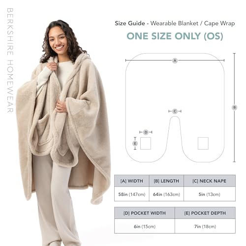 Berkshire Faux Fur Wearable Blanket, Cozy Reversible Loftmink Fleece Shawl with Hood & Side Pockets - color: Grain
