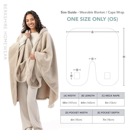 Berkshire Faux Fur Wearable Blanket, Cozy Reversible Loftmink Fleece Shawl with Hood & Side Pockets - color: Grain