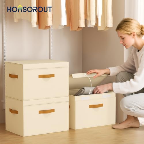 Large Storage Bins with Lids - Front Opening Fabric Storage Bins, Flap Closet Organizer with Handles, Collapsible Boxes with Lid, Decorative Basket for Home, Dorm, 2 Pack, Beige