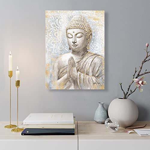 Gold Buddha Wall Art: Laughing Buddha Painting with Mandala Flower and Gold Leaf for Living Room, Bedroom, Yoga Room, Buddhist Meditation Room - 24"x32" - color: Smiling Golden Buddha, size: 24"x32"x1