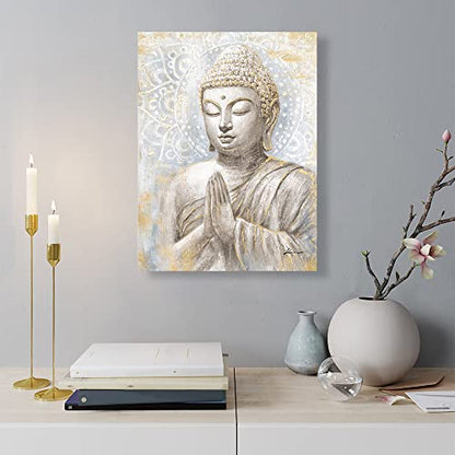 Gold Buddha Wall Art: Laughing Buddha Painting with Mandala Flower and Gold Leaf for Living Room, Bedroom, Yoga Room, Buddhist Meditation Room - 24"x32" - color: Smiling Golden Buddha, size: 24"x32"x1