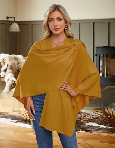 PULI Womens Large Cross Front Poncho Sweater Wrap Topper Knitted Elegant Shawls Cape for Fall Winter - color: 1-ginger Yellow