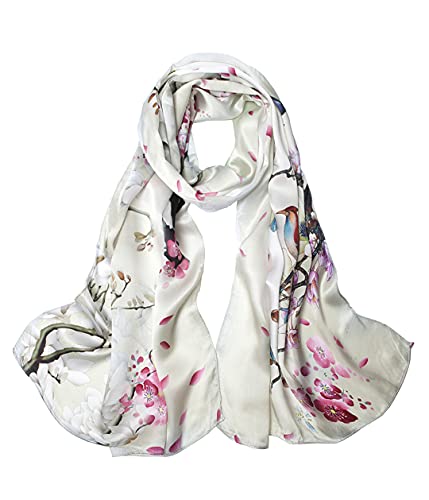 100% Mulberry Silk Long Scarf for Women Large Shawls for Headscarf and Neck- Oblong Hair Wraps with Gift Packed - color: Beige-flower&birds