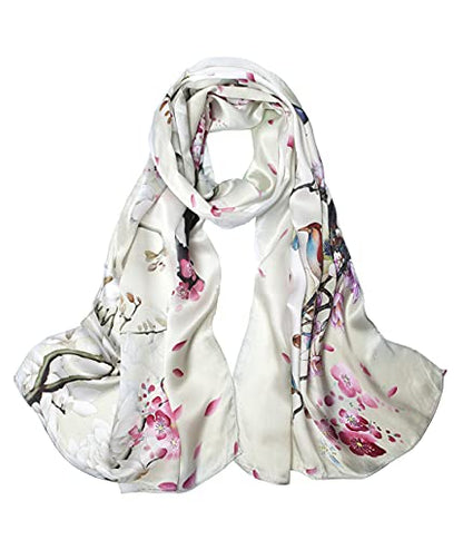 100% Mulberry Silk Long Scarf for Women Large Shawls for Headscarf and Neck- Oblong Hair Wraps with Gift Packed - color: Beige-flower&birds
