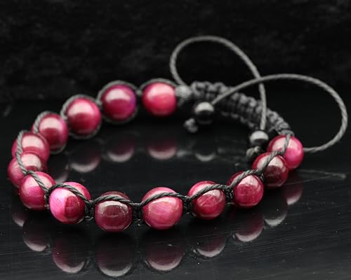 ElisaJewelryArt - Natural Black Onyx Beaded Bracelet Genuine Gemstone Strenght Crystal Macrame Bracelet Unisex Bracelet - color: Pink Tiger Eye, size: WOMEN