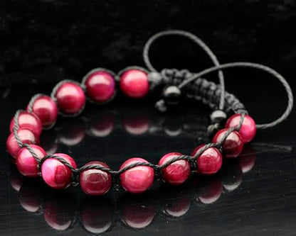 ElisaJewelryArt - Natural Black Onyx Beaded Bracelet Genuine Gemstone Strenght Crystal Macrame Bracelet Unisex Bracelet - color: Pink Tiger Eye, size: WOMEN