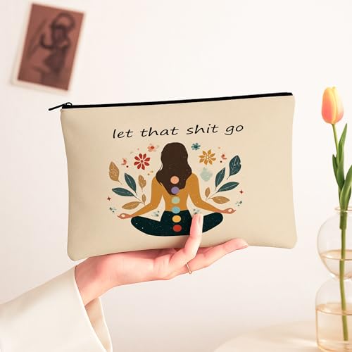 Meditation Floral Cosmetic Bag, Bohemian Chic Zen Makeup Pouch for Women, Portable Canvas Zip Organizer, Mindfulness Gift for Spring 7x9 Inch