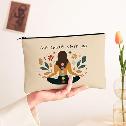 Meditation Floral Cosmetic Bag, Bohemian Chic Zen Makeup Pouch for Women, Portable Canvas Zip Organizer, Mindfulness Gift for Spring 7x9 Inch