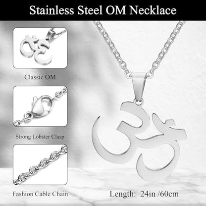 Stainless Steel Om Necklace for Men Women, gold plated/Silver/Black Yoga Charm Pendant Necklaces Aum Om Ohm Sanskrit Symbol Hindu Meditation Chain Necklace,Mens Womens Jewelry Gifts - color: Polished Silver