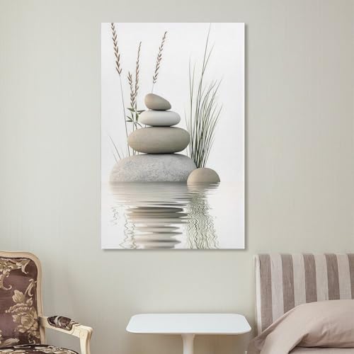 Zen Stone Canvas Wall Art Stacked Stones in Water Poster Tranquil Wild Grass Painting Picture for Spa Yoga Meditation Room Bathroom Wall Decor Unframe-style 16x24inch(40x60cm)