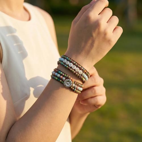 YGLINE Boho Handmade Natural Stone Bead 3 Row Wide Wrap Wrist Statment Bracelet Jewelry Collection - color: customer made-jasper
