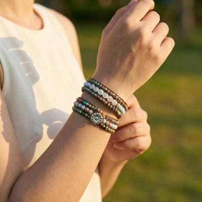 YGLINE Boho Handmade Natural Stone Bead 3 Row Wide Wrap Wrist Statment Bracelet Jewelry Collection - color: customer made-jasper