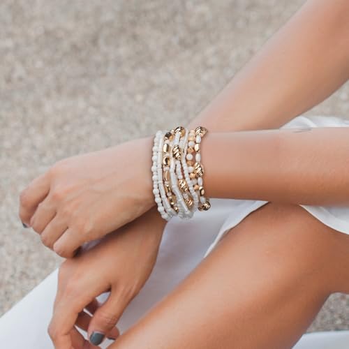 SPUNKYsoul Beaded Stretch Bracelet Set – Multi-Piece Stackable Fashion Bracelet Collection, Elastic Fit, Minimalist Boho Jewelry for Everyday Wear - style: White and Gold